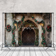 Aperturee - Retro Brick Wall Wooden Door Leaf Christmas Backdrop