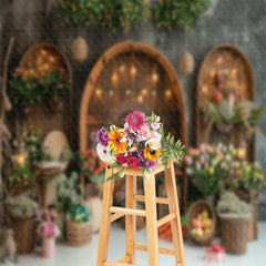 Aperturee - Retro Brown Acrh - Door Floral Easter Photo Backdrop