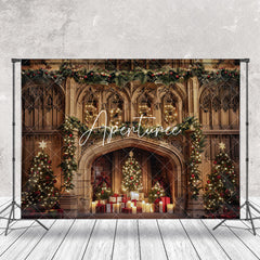 Aperturee - Retro Brown Wall Xmas Trees Gifts Christmas Backdrop