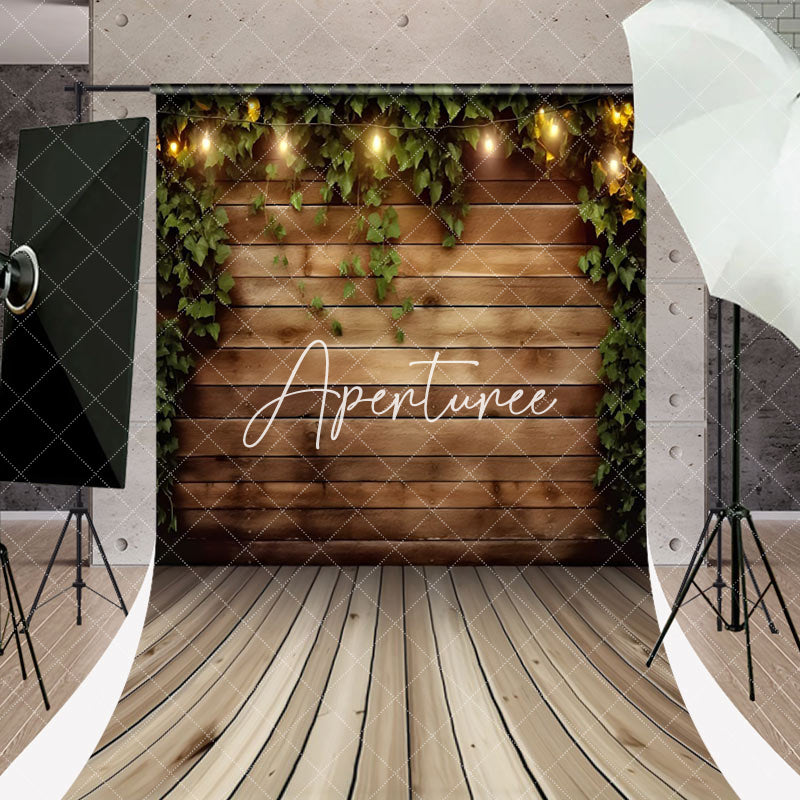 Aperturee - Retro Brown Wood Wall Greenery Sweep Photo Backdrop