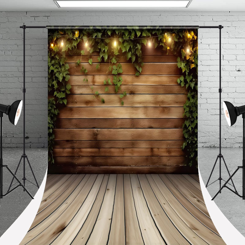 Aperturee - Retro Brown Wood Wall Greenery Sweep Photo Backdrop