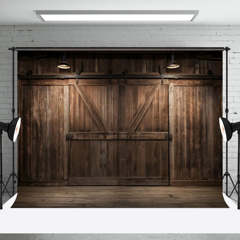 Aperturee - Retro Brown Wooden Barn Door Floor Photo Backdrop