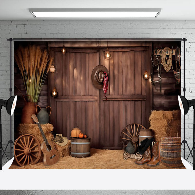 Aperturee - Retro Brown Wooden Door Cowboy Backdrop For Photo