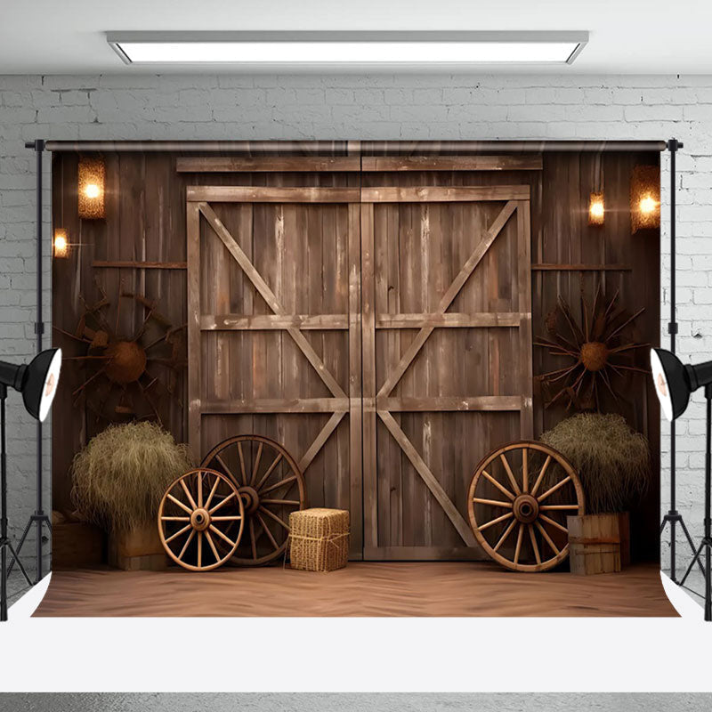 Aperturee - Retro Brown Wooden Wheel Barn Door Photo Backdrop