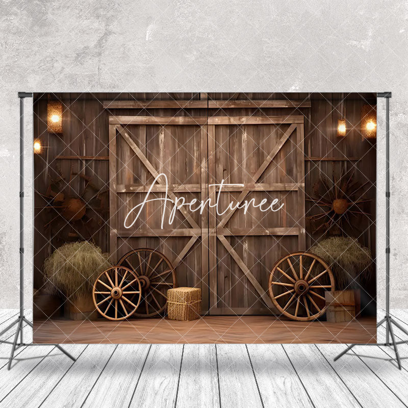 Aperturee - Retro Brown Wooden Wheel Barn Door Photo Backdrop