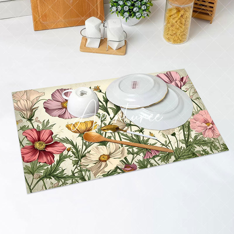 Aperturee - Retro Colorful Floral Green Leaf Set Of 4 Placemats