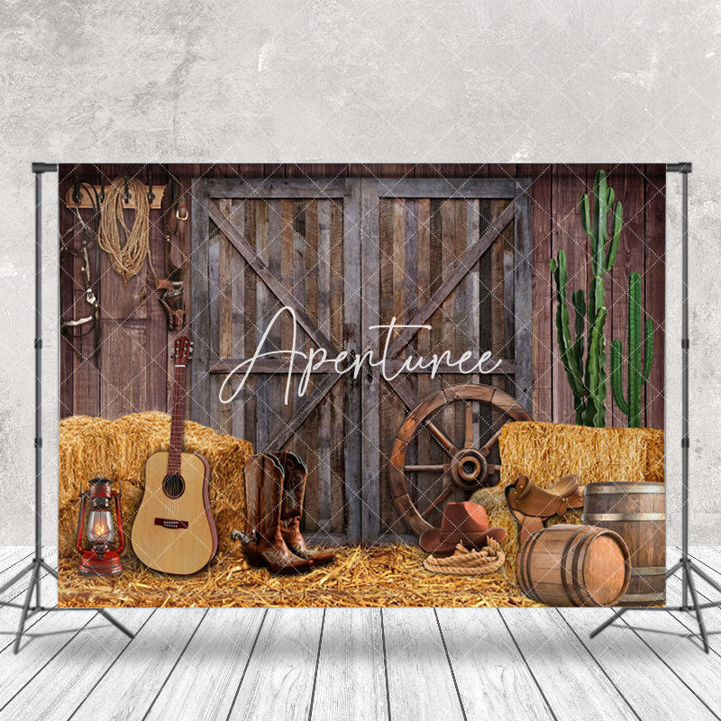 Aperturee - Retro Cowboy Rustic Barn Wooden Door Photo Backdrop