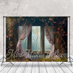 Aperturee - Retro Curtian Window Wilt Red Rose Tree Backdrop