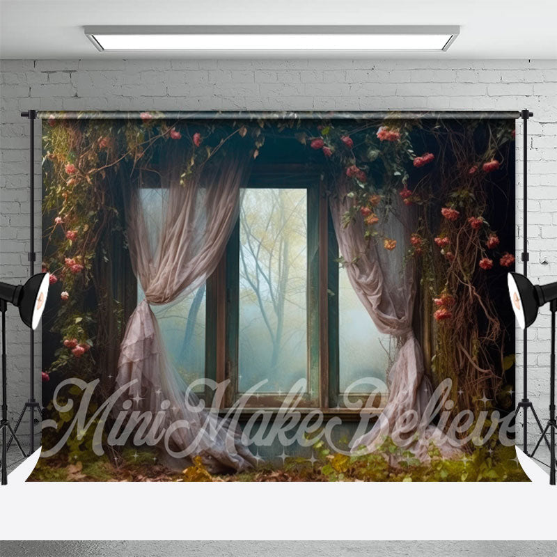 Aperturee - Retro Curtian Window Wilt Red Rose Tree Backdrop