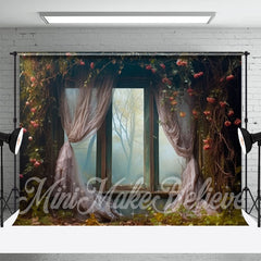 Aperturee - Retro Curtian Window Wilt Red Rose Tree Backdrop