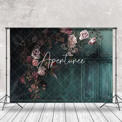 Aperturee - Retro Dark Green Wall Pink Floral Fine Art Backdrop