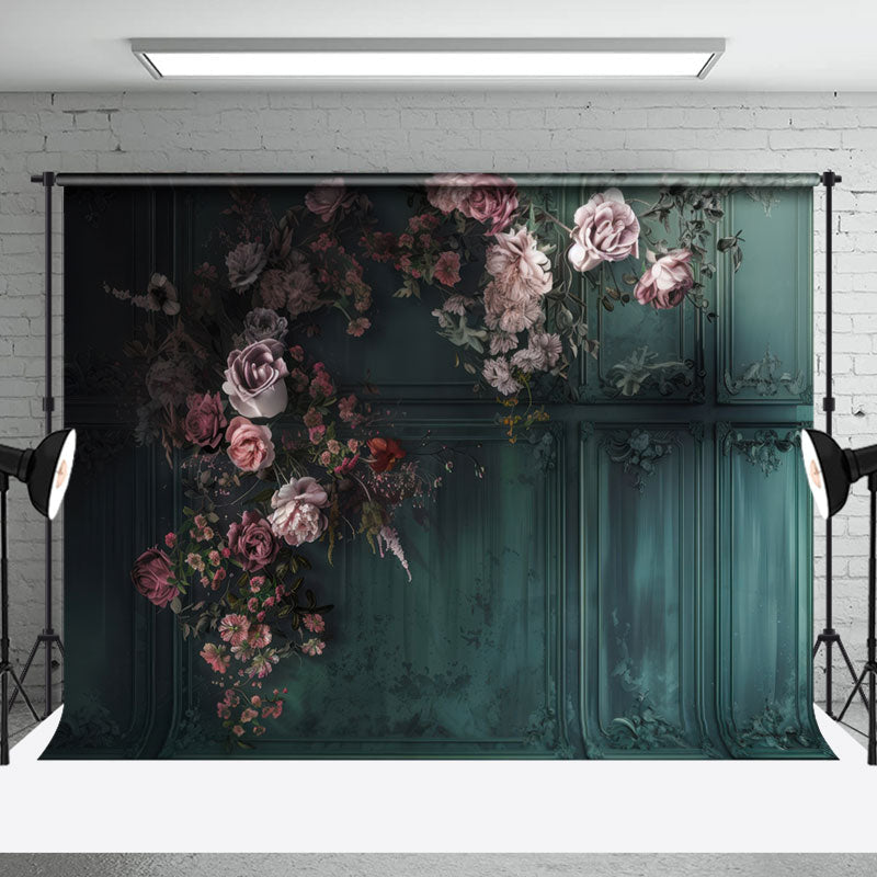 Aperturee - Retro Dark Green Wall Pink Floral Fine Art Backdrop