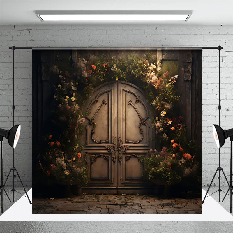 Aperturee - Retro Door Greenery Floral Maternity Photo Backdrop