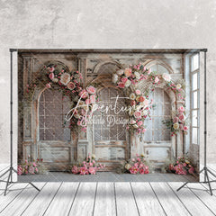 Aperturee - Retro Door Pink Floral Wedding Backdrop For Photo