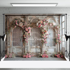 Aperturee - Retro Door Pink Floral Wedding Backdrop For Photo