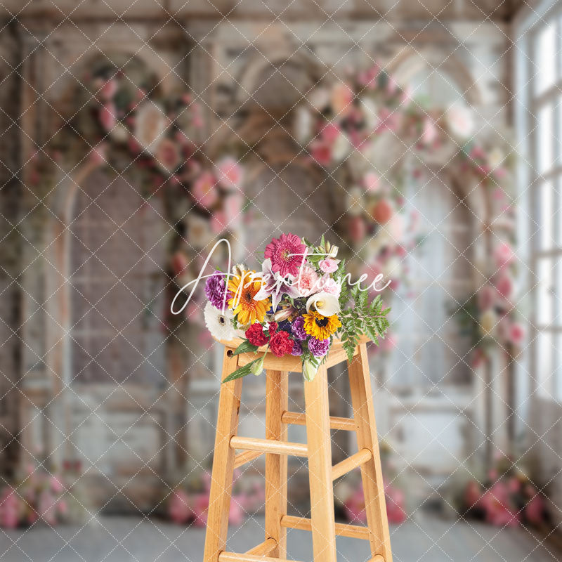 Aperturee - Retro Door Pink Floral Wedding Backdrop For Photo