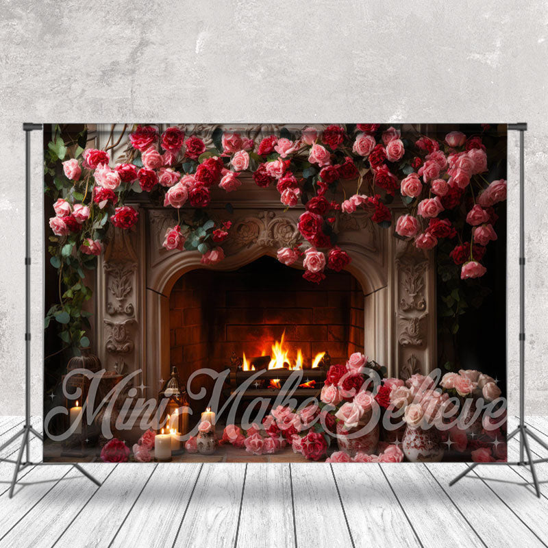 Aperturee - Retro Fireplace Pink Red Rose Photoshoot Backdrop