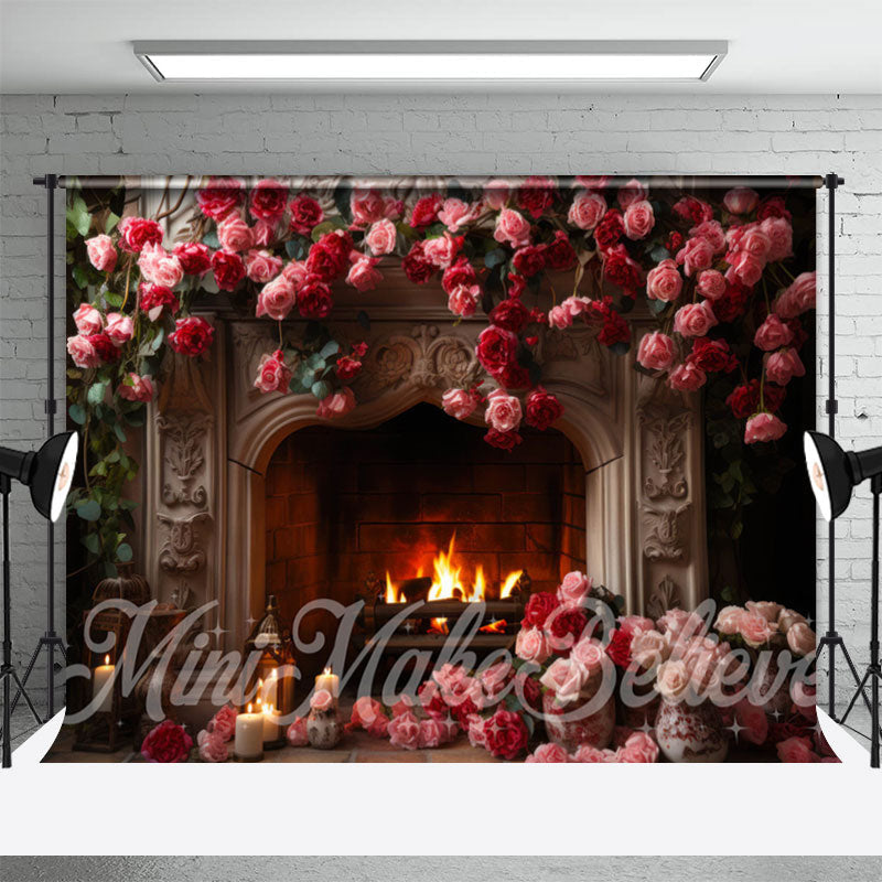 Aperturee - Retro Fireplace Pink Red Rose Photoshoot Backdrop