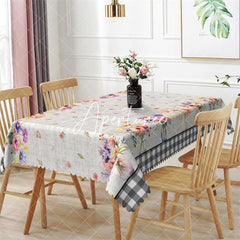 Aperturee - Retro Floral Black White Plaid Rectangle Tablecloth