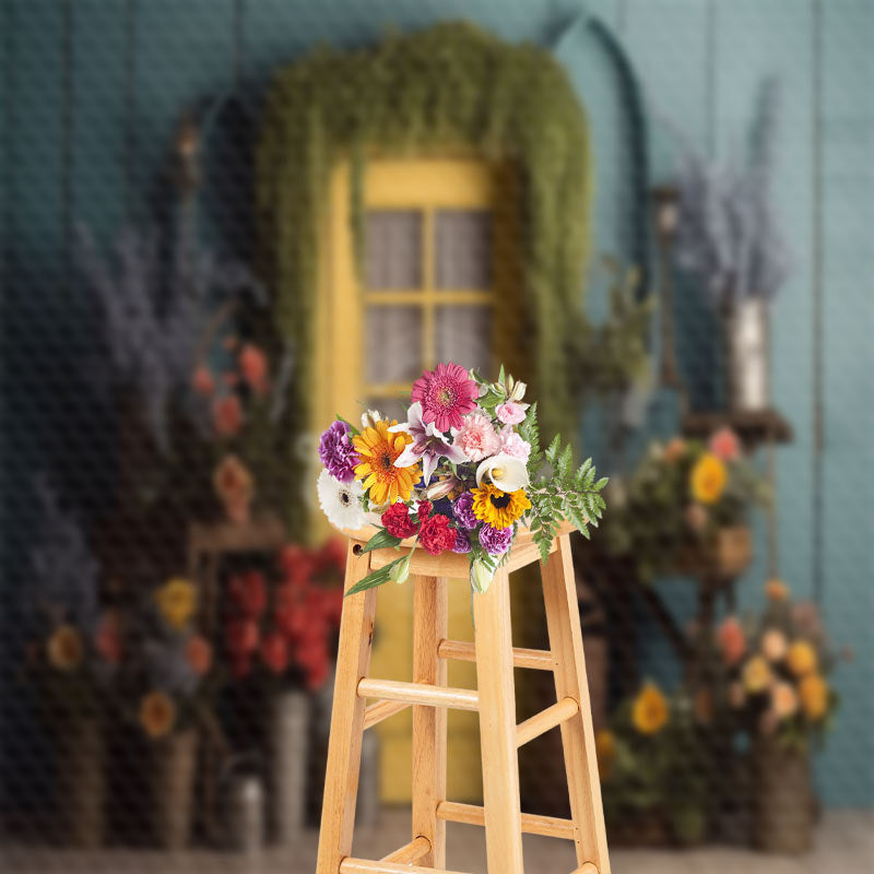 Aperturee - Retro Floral Yellow Door Spring Backdrop For Photo