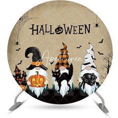 Aperturee - Retro Gnome Pumpkin Bats Round Halloween Backdrop