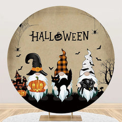 Aperturee - Retro Gnome Pumpkin Bats Round Halloween Backdrop