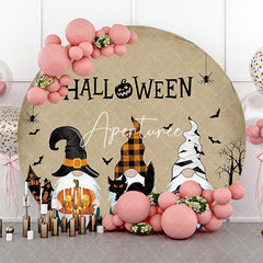 Aperturee - Retro Gnome Pumpkin Bats Round Halloween Backdrop