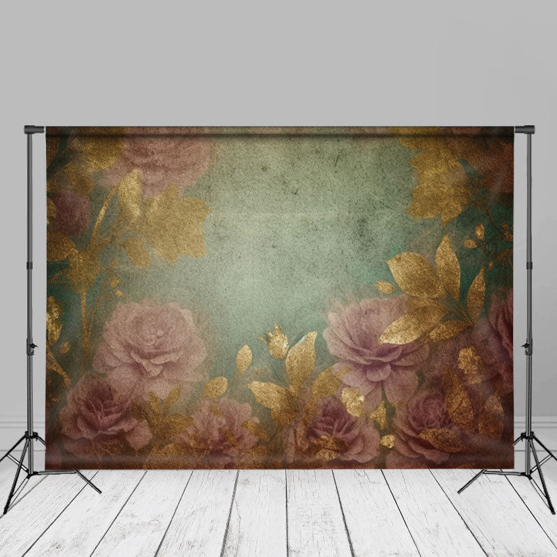 Aperturee - Retro Gold Floral Dusty Green Fine Art Photo Backdrop