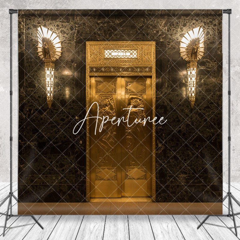 Aperturee - Retro Gorgeous Black Gold Marble Door Photo Backdrop