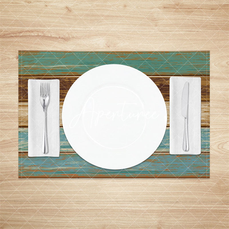 Aperturee - Retro Green Blue Brown Wood Grain Set Of 4 Placemats