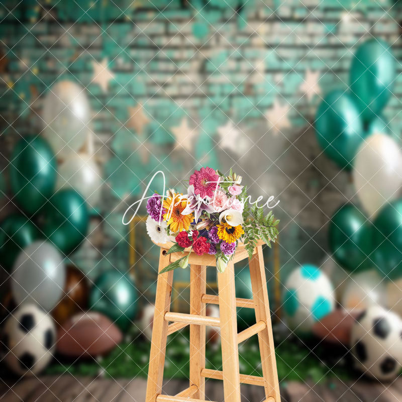 Aperturee - Retro Green Brick Wall Football Cake Smash Backdrop