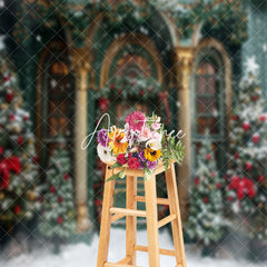 Aperturee - Retro Green Gold Door Trees Snow Christmas Backdrop