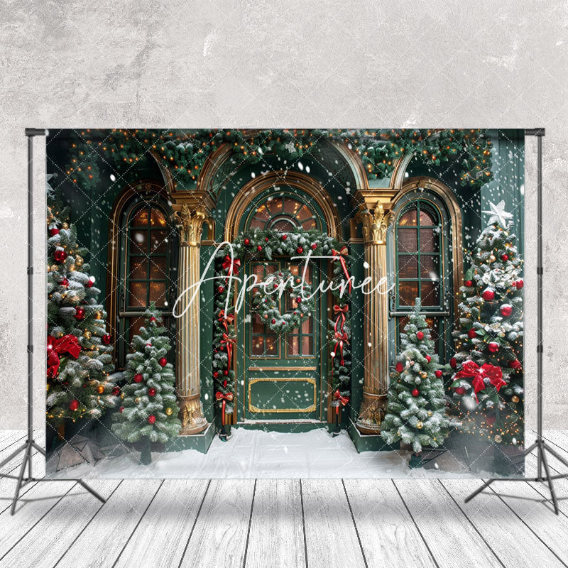 Aperturee - Retro Green Gold Door Trees Snow Christmas Backdrop