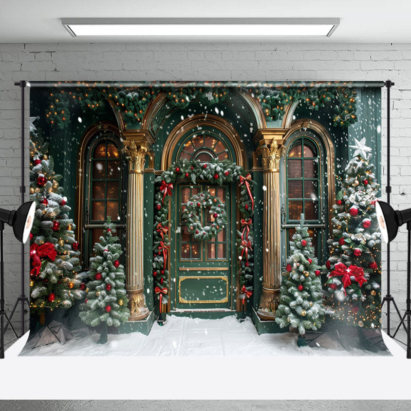 Aperturee - Retro Green Gold Door Trees Snow Christmas Backdrop