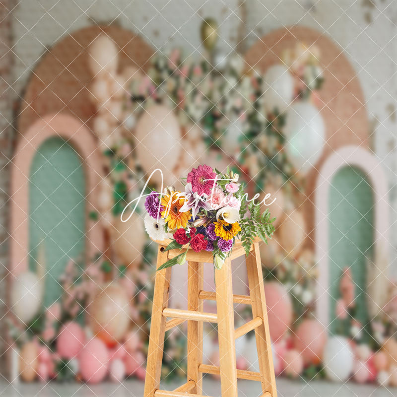 Aperturee - Retro Green Pink Arch Floral Cake Smash Backdrop