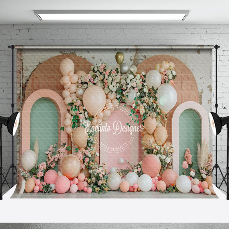 Aperturee - Retro Green Pink Arch Floral Cake Smash Backdrop