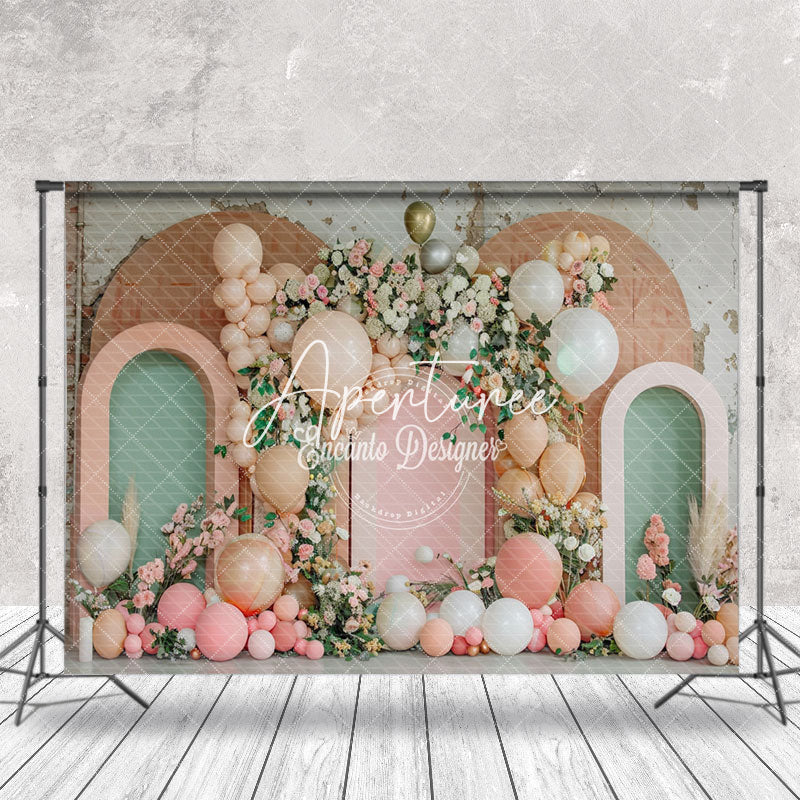 Aperturee - Retro Green Pink Arch Floral Cake Smash Backdrop