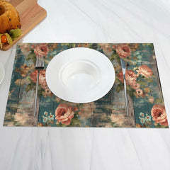 Aperturee - Retro Green Pink Floral Wooden Set Of 4 Placemats