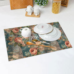 Aperturee - Retro Green Pink Floral Wooden Set Of 4 Placemats