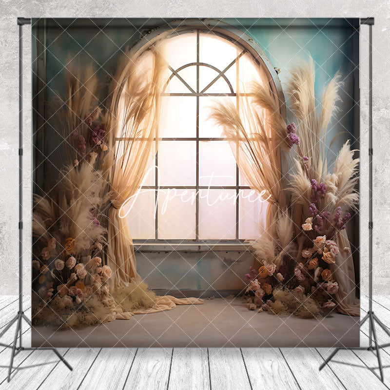 Aperturee - Retro Green Wall Floral Boho Door Photo Backdrop