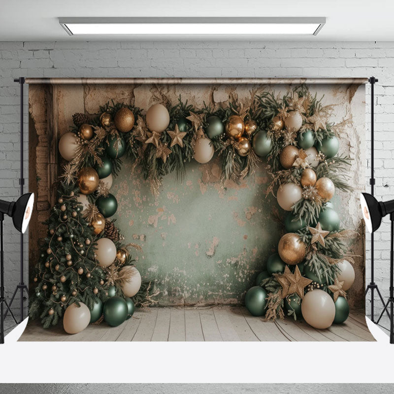 Aperturee - Retro Grey Green Wall Balloons Xmas Tree Backdrop