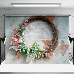 Aperturee - Retro Grey Red Brick Wall Wreath Backdrop For Photo