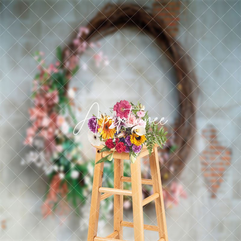 Aperturee - Retro Grey Red Brick Wall Wreath Backdrop For Photo