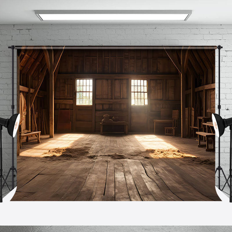 Aperturee - Retro Interior Wooden Barn Shadow Photo Backdrop