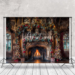 Aperturee - Retro Luxury Brown Wall Fireplace Christmas Backdrop