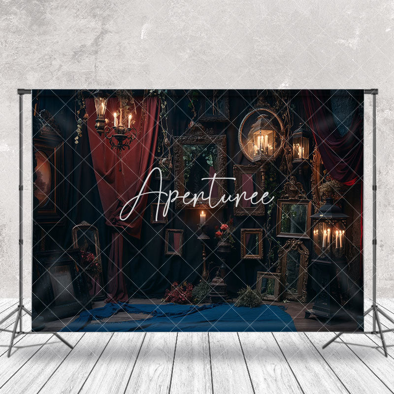 Aperturee - Retro Luxury Dark Room Red Curtain Halloween Backdrop