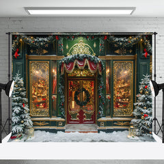 Aperturee - Retro Luxury Door Snowy Trees Christmas Backdrop