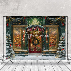 Aperturee - Retro Luxury Door Snowy Trees Christmas Backdrop