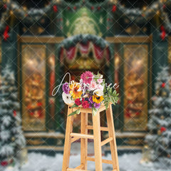 Aperturee - Retro Luxury Door Snowy Trees Christmas Backdrop