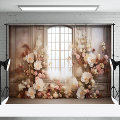 Aperturee - Retro Luxury Pink Floral Window Backdrop For Photo